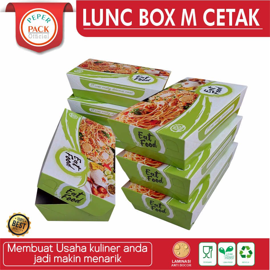 Lunch Box M Ayam Geprek Celup Nasi Ayam Mie Dus Makan Dimsum Takoyaki Cetak Laminasi Ivory Premium