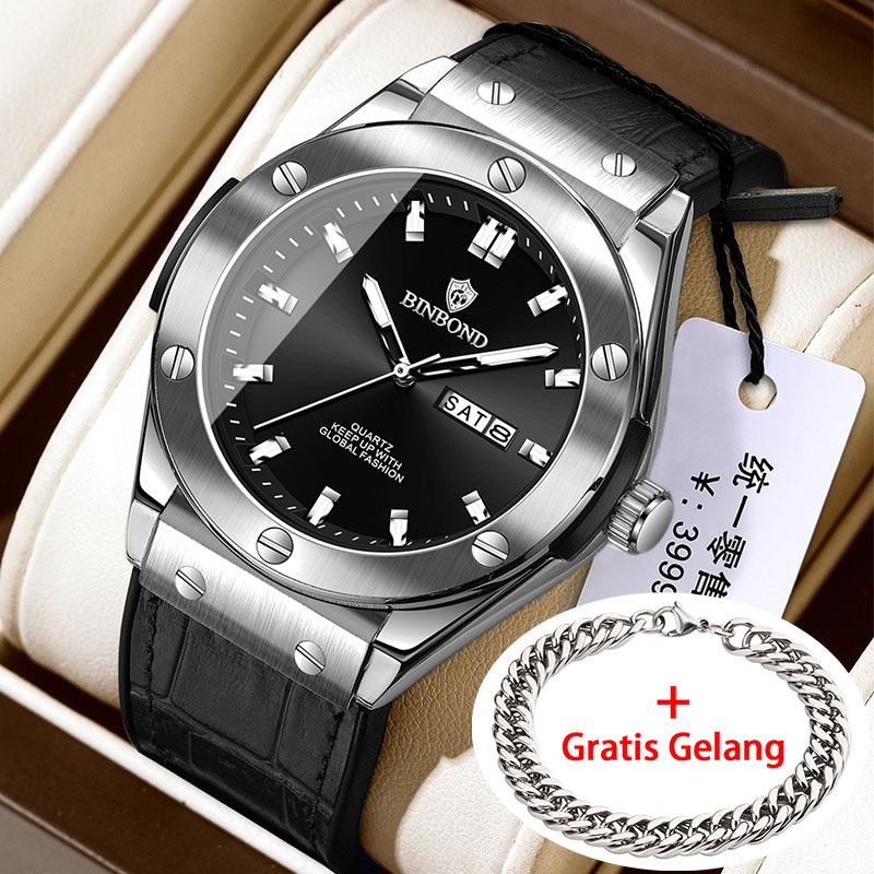 BINBOND Analog Quartz Watch Men Fashion Business Waterproof Watches Black Leather Wristwatch Man