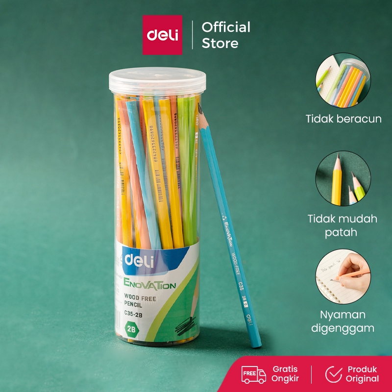 

Deli Wood Free Pencil / Pensil 2B 50pcs/tabung Ramah Lingkungan Bahan Daur Ulang EC35