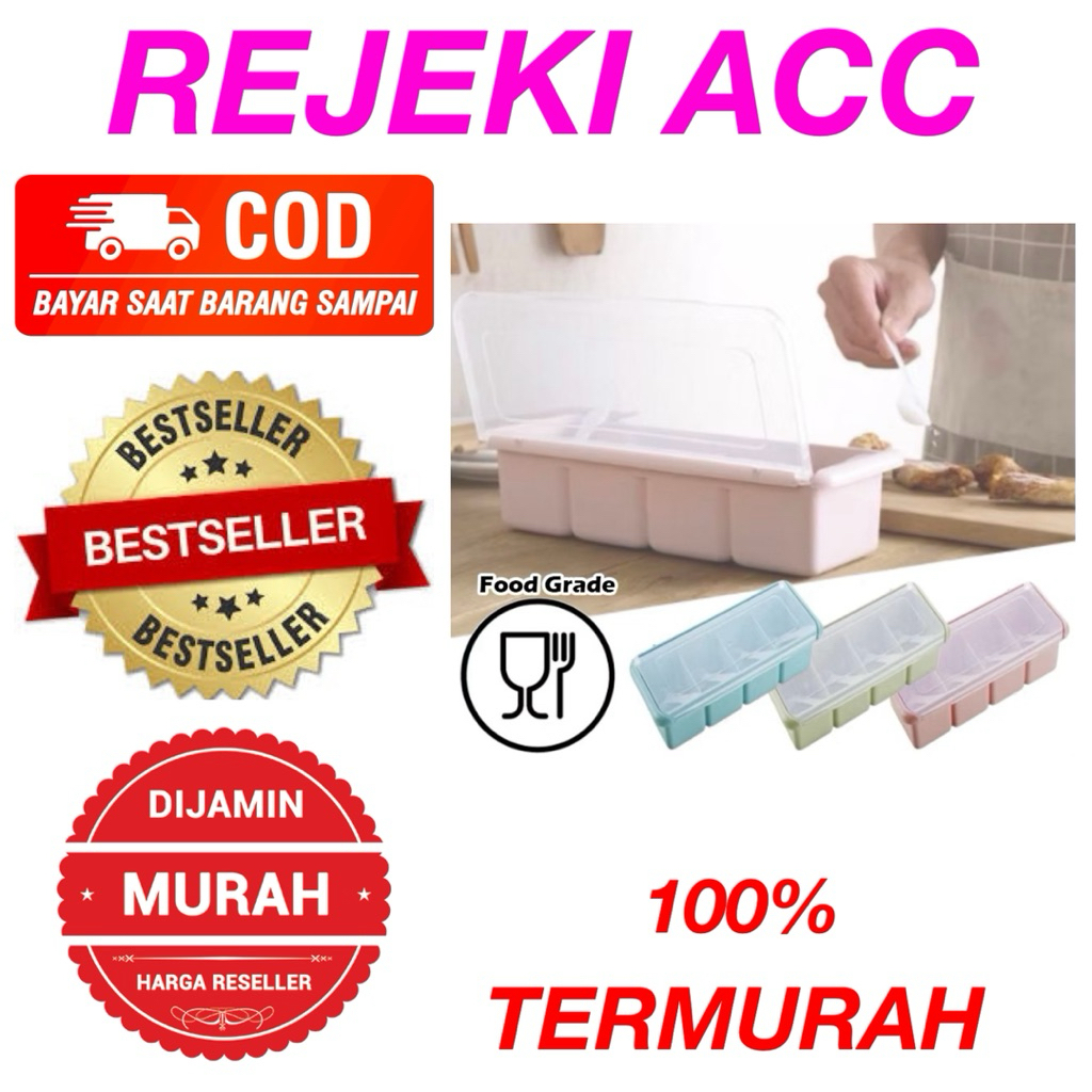 Tempat Bumbu Dapur Panjang 4 Sekat FREE Sendok / Kotak Wadah Penyimpanan Gula Garam Micin Lada Seaso