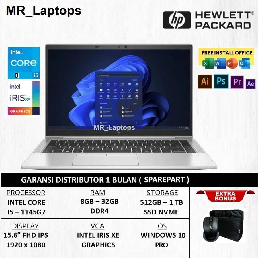 Laptop HP EliteBook 840 G8 Intel VPro Core i5 Gen 11TH RAM 32GB/1TB SSD FHD - Free Mouse dan Tas