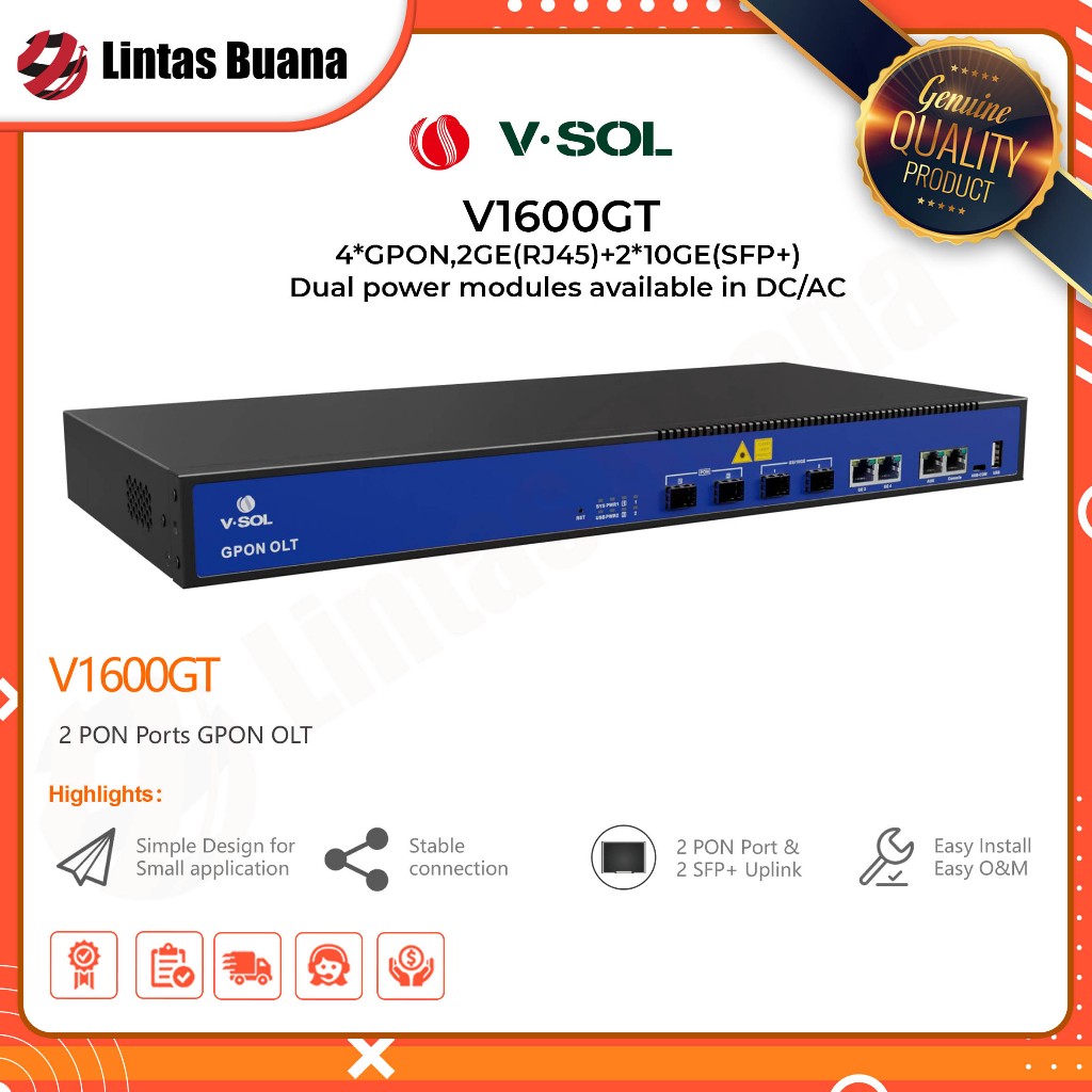 Vsol GPON OLT V1600GT 2 PON GPON, Layer 3, 2*GE(SFP) & 2 SFP + Uplink 10GE includ SFP