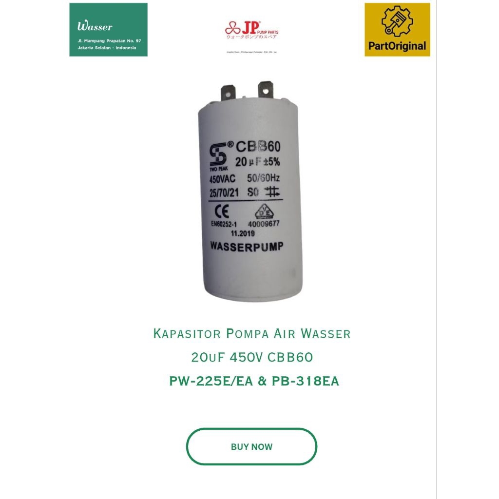 Kapasitor Pompa Air Wasser 20uF 450V CBB60 PW-225E/EA & PB-318EA