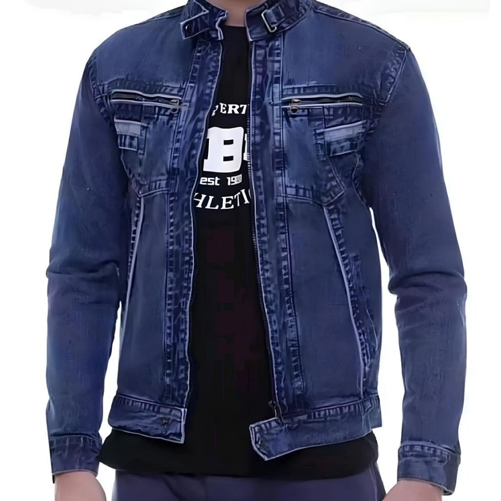 Jaket Jeans Resleting Pria Zipper Biowash Jumbo M L XL XXL XXXL