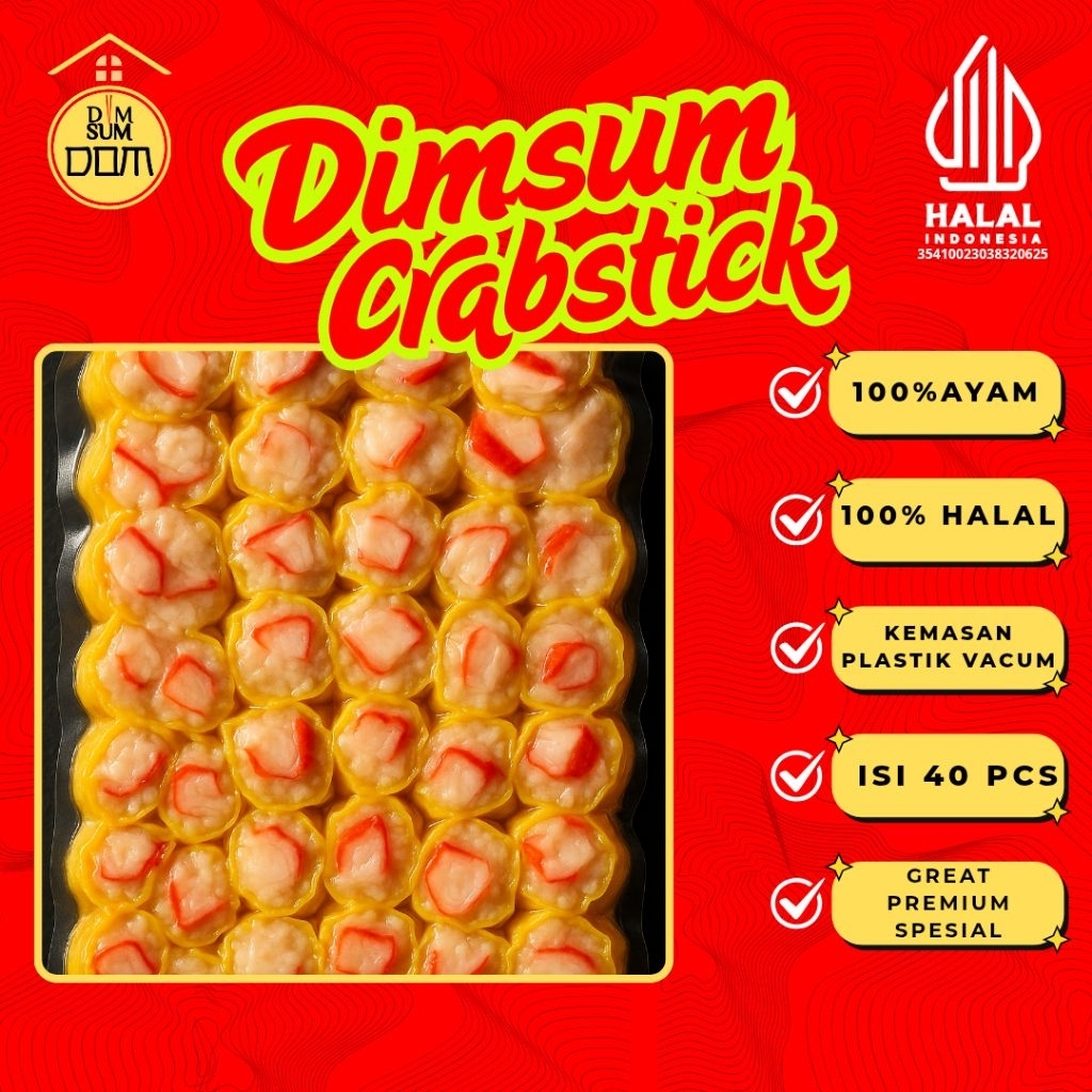 

Dimsum Dom Dimsum Varian Crabstik Full Ayam 100% Halal, Kemasan Plastik Vacum isi 40 pcs Great Premium Spesial