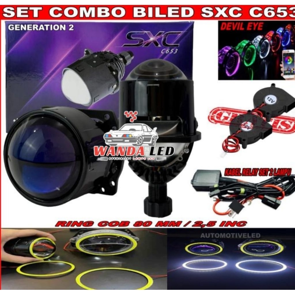 PAKET LENGKAP BI-LED SXC C653 60 WATT -  SEPASANG PAKET LENGKAP LAMPU BI-LED MOBIL MOTOR