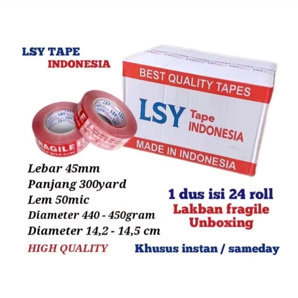 

lakban fragile unboxing mix 300yard 1 dus isi 24 roll LSY TAPE INDONESIA ( CBM )