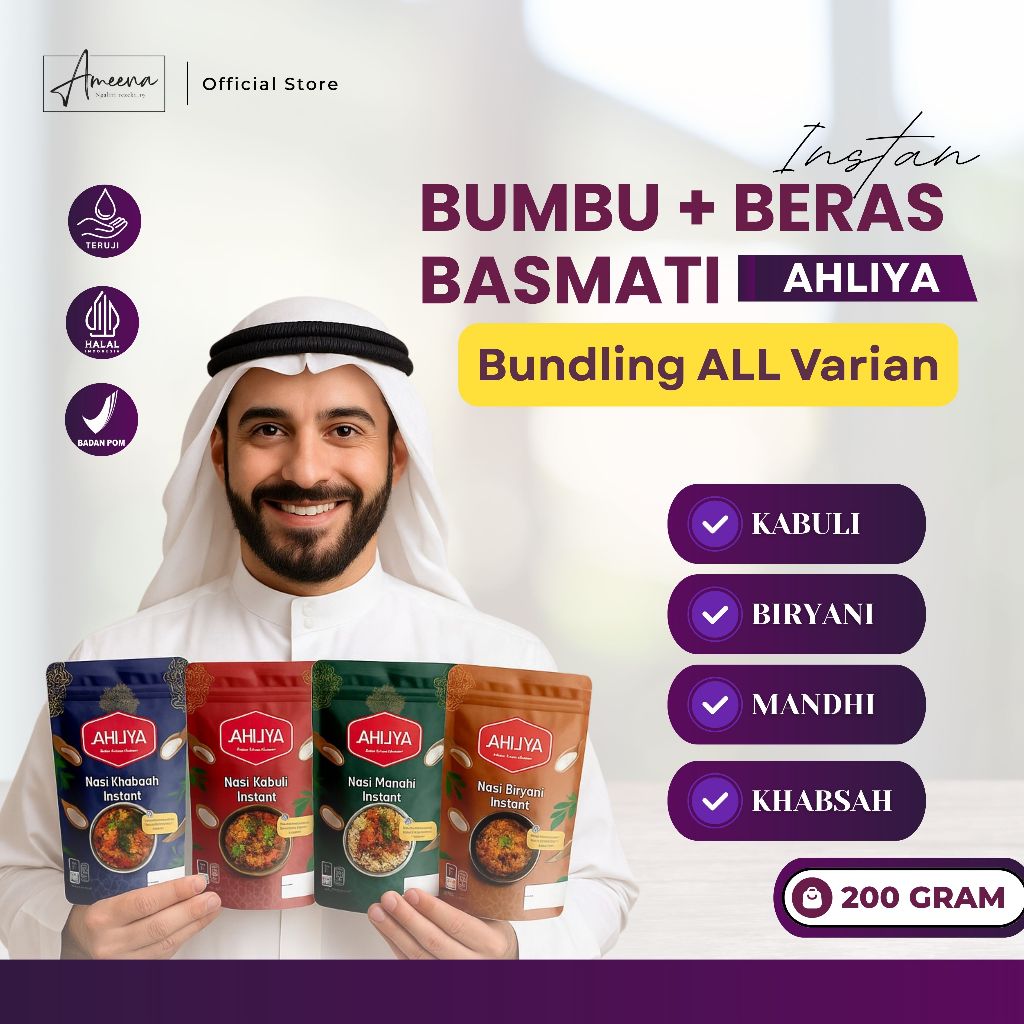 

1 paket hemat 4 pcs (nasi arab nasi india beras basmati + bumbu instan kebuli mandhi kabsah briyani)