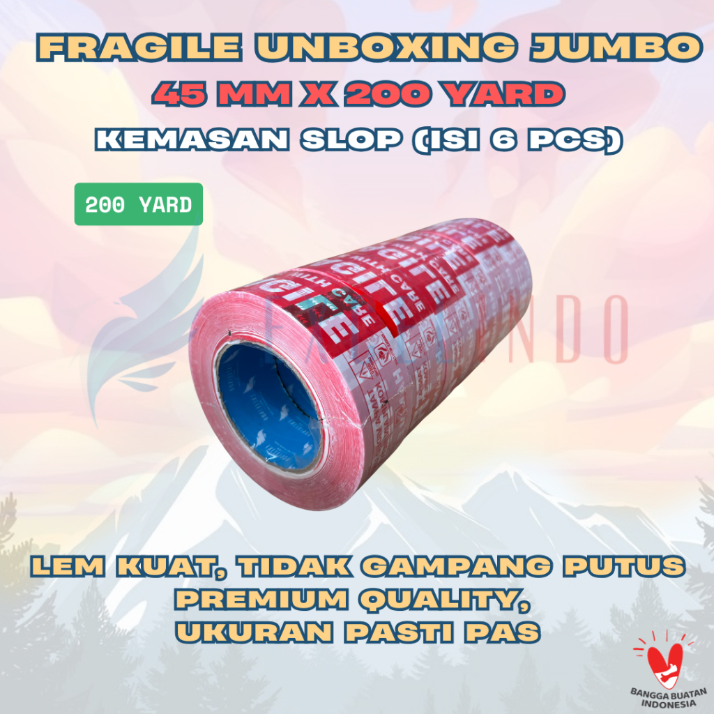 

(1 SLOP/ISI 6 PCS) GROSIR EXCELINDO Lakban Jumbo FRAGILE UNBOXING 2 inch 45mm x 200 YARD REAL PREMIUM QUALITY