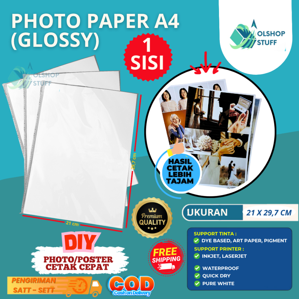 KERTAS FOTO GLOSSY A4 1 SISI ANTI AIR / PHOTO PAPER GLOSSY INKJET WATERPROOF