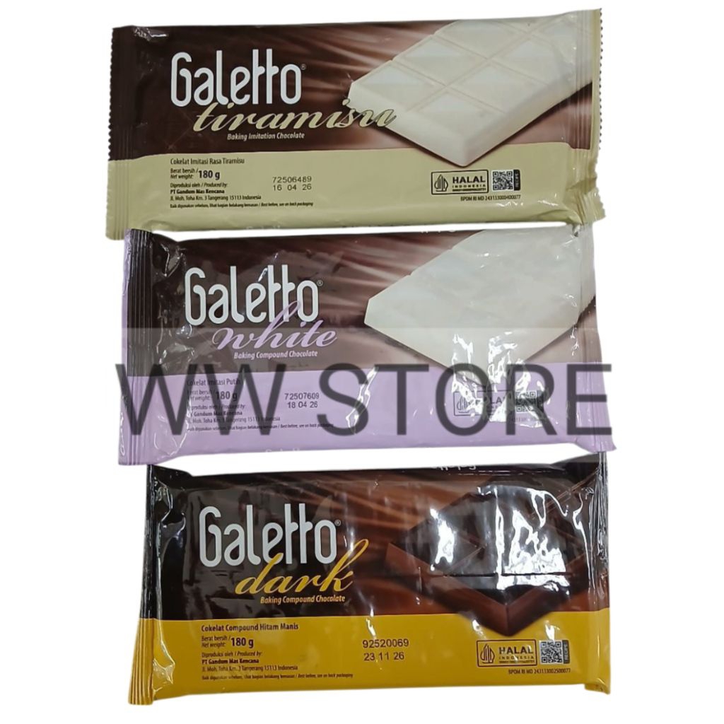

Coklat cokelat imitasi putih paduan hitam manis halal MUI Galetto Tiramisu White Sweet Dark Baking Imitation Compound Chocolate 180g