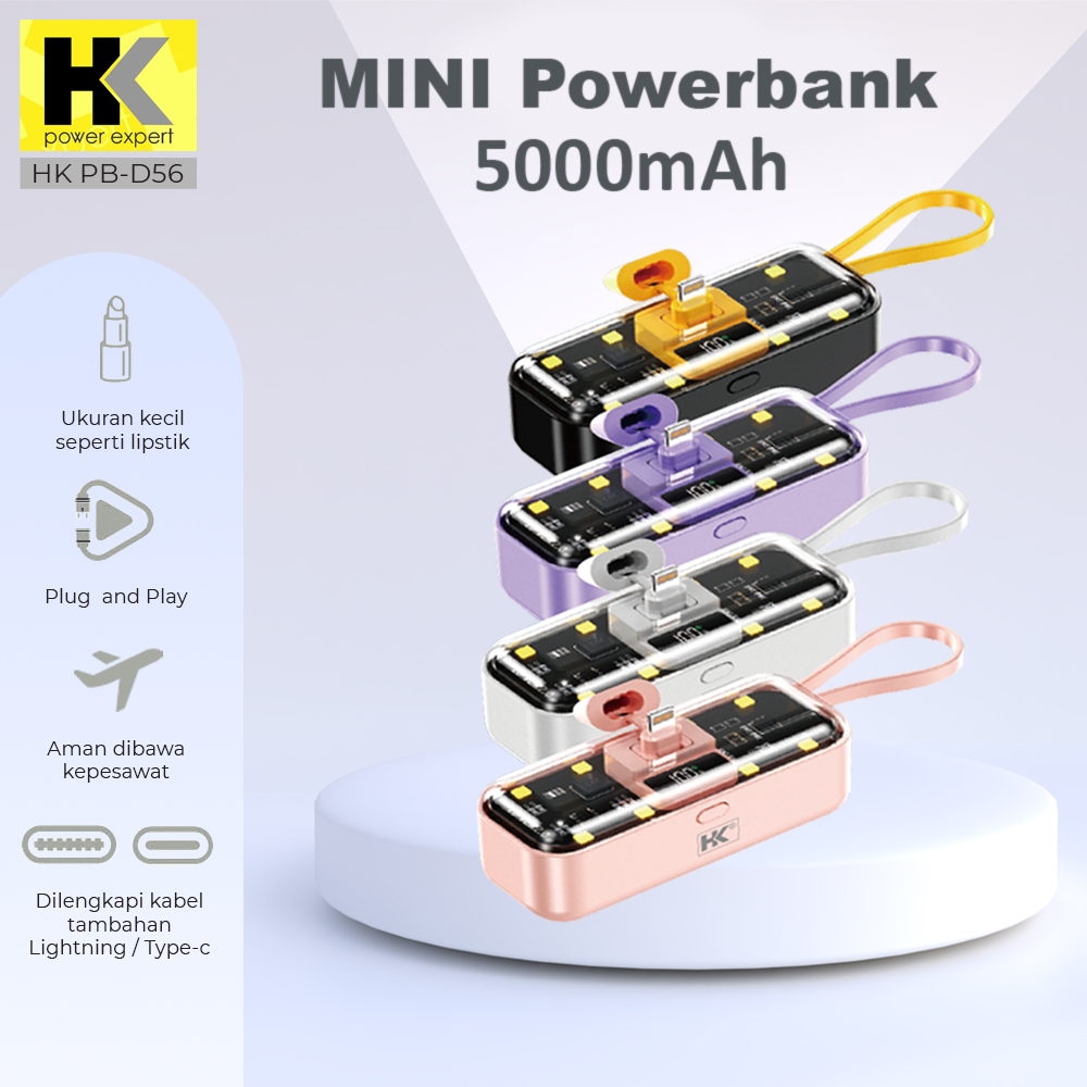 HK D56 Powerbank Mini 5000mAh Fast Charging Powerbank Travel Kecil Transparan Lightning Type C With 