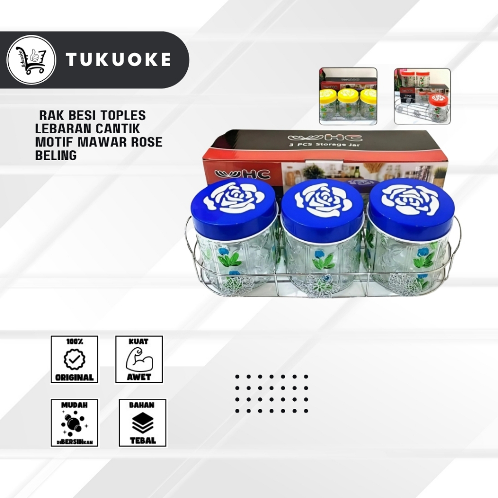 HC TOPLES SET KACA 3 PCS HC + RAK BESI TOPLES LEBARAN CANTIK MOTIF MAWAR ROSE BELING