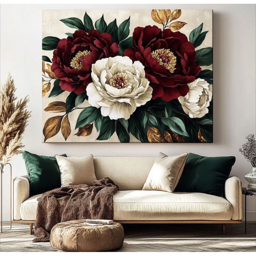 Lukisan bunga peony merah dan putih