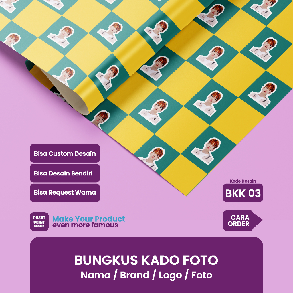 

Pusat Print Bungkus Kado Foto Custom, Bungkus Kado Nama, logo, Foto BKK 03