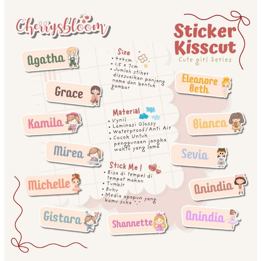 

vanilabeekids 90pcs STIKER KISS CUT | STIKER NAMA ANAK | LABEL NAMA | WATERPROOF | TAHAN AIR | STIKER VYNIL | CUTE GIRL