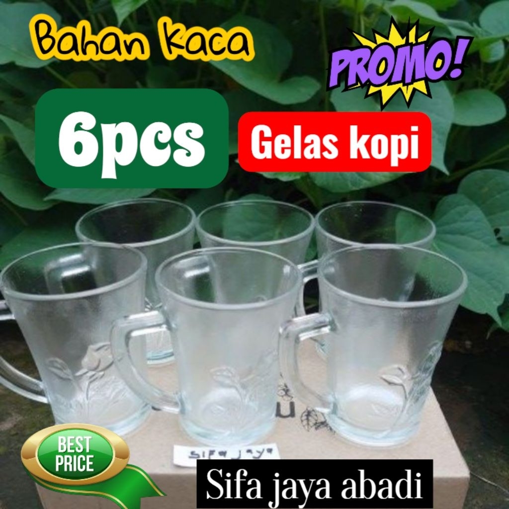 DISKON6PCS GELAS KOPI MOTIF BUNGA/GELAS KACA