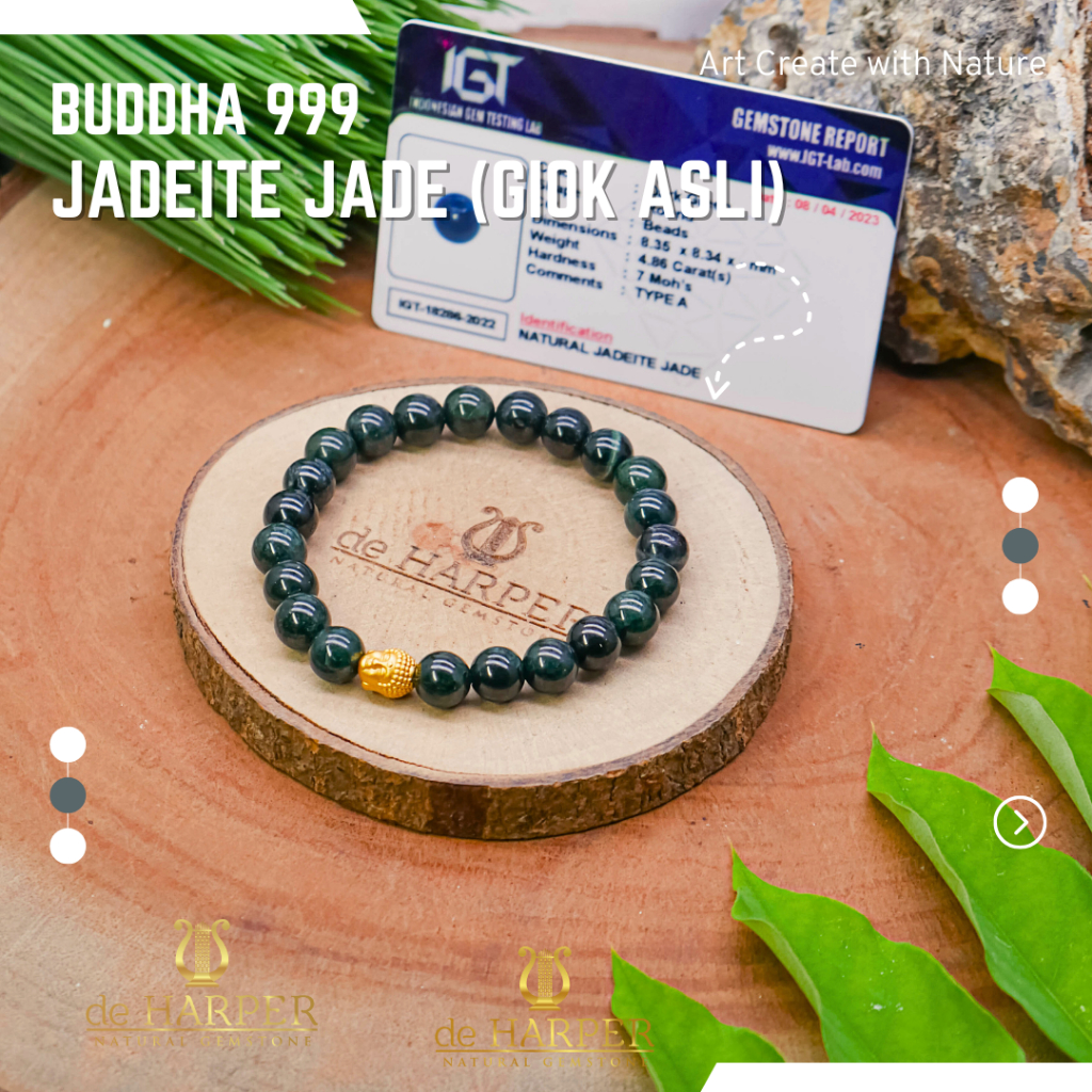 [Gelang Batu Asli Natural] de HARPER model Buddha 999 Jadeite Jade (Giok Asli)