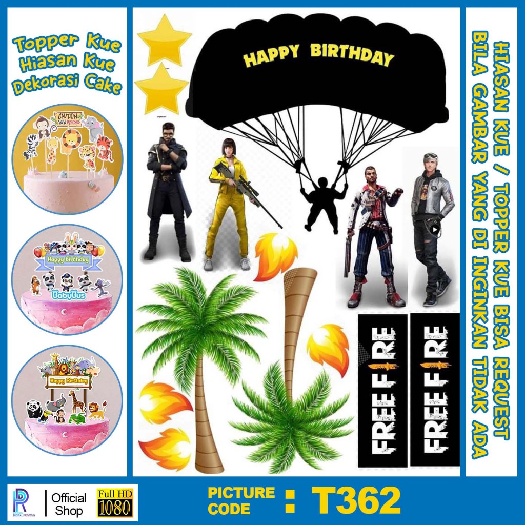 TOPER KUE FREE FIRE / TOPPER KUE KARAKTER FREE FIRE / TOPER HAPPY BIRTHDAY / HIASAN KUE TO361