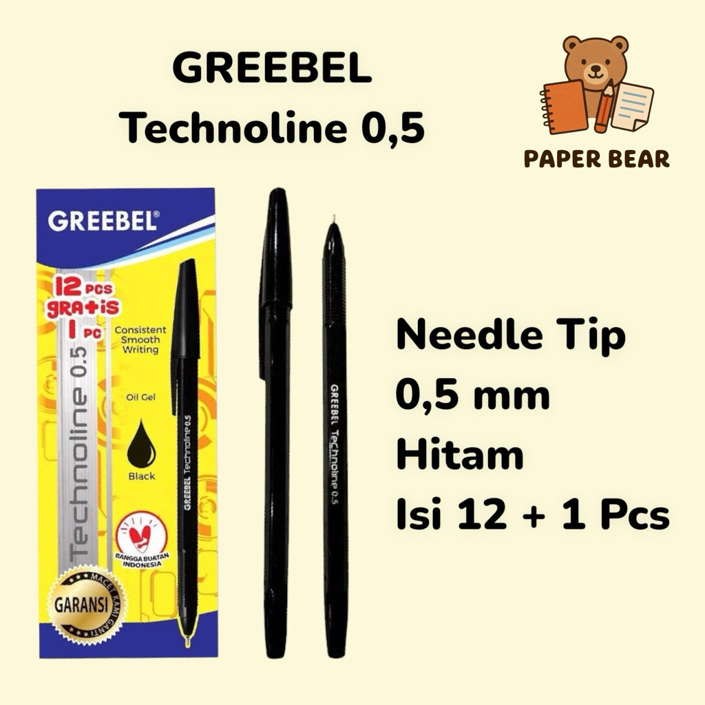 

Pulpen GREEBEL Technoline 0.5 Hitam 1 Box 12pcs Gratis 1 Pcs 12+1 Needle Tip 0.5mm Tinta Oil Gel Cepat Kering Tulisan Rapi Presisi Ideal untuk Sekolah Kantor Stationery Bolpoin Pen Ballpoint