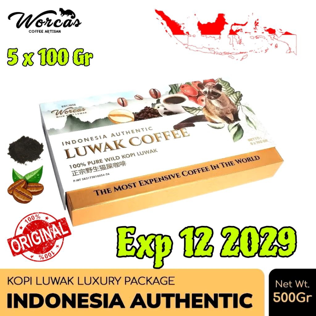 

[Giftbox] Worcas Indonesia Authentic Luwak Coffee, 5 x 100 gram | Worcas Wild Kopi Luwak Spesial Giftbox | Arabica Wild Kopi Luwak