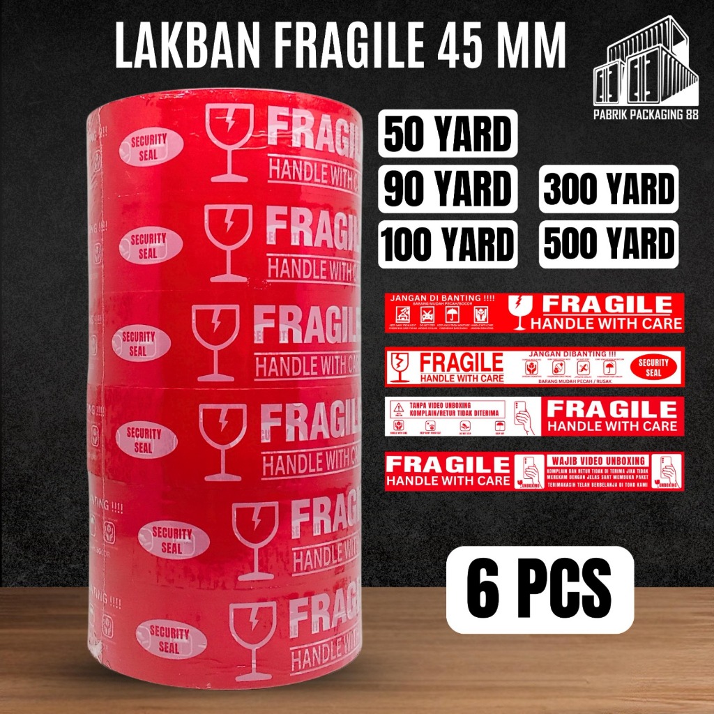 

6 PCS - Lakban Fragile Merah Putih 45mm x 90 yard - 500 yard Handle With Care 2 INCH