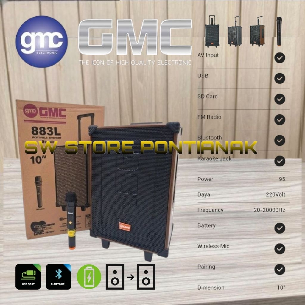 GMC 883 L 10" ORIGINAL / SPEAKER PORTABLE BLUETOOTH KARAOKE GMC 883L 10 INCH BONUS MIC WIRELESS / SP
