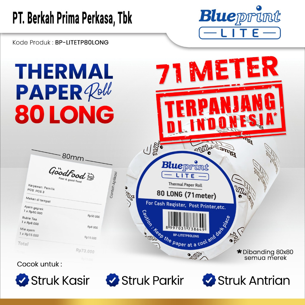 

Kertas Thermal / Kertas Struk / Kertas Kasir BLUEPRINT LITE 80 LONG 71 METER