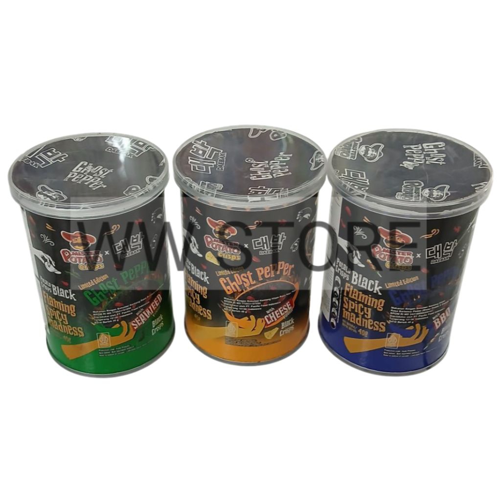 

Snek kentang hitam rasa barbekiu barbekue rumput laut keju pedas halal MUI MISTER POTATO Crisps Ghost Pepper Black Flaming Spicy Madness Daebak Seaweed Cheese BBQ Barbecue Barbeque flavour flavor 40g