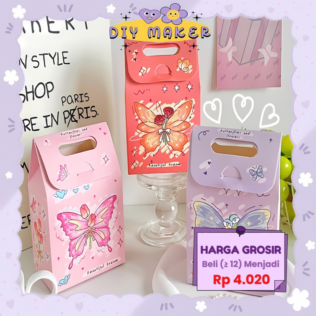 

DM Paper Bag Kotak Tas Kado Hadiah Ulang Tahun Aesthetic Motif Kupu Kupu Bag Hampers Gift Box ST32