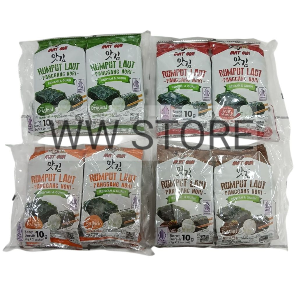 

Cemilan snek makanan ringan rumput laut kering panggang rasa asli daging sapi balado asin & pedas halal MUI inko Roasted Seaweed Snack ( Nori ) Original Beef Bulgogi Spicy & Salty Flavour 2 sachet x 5g