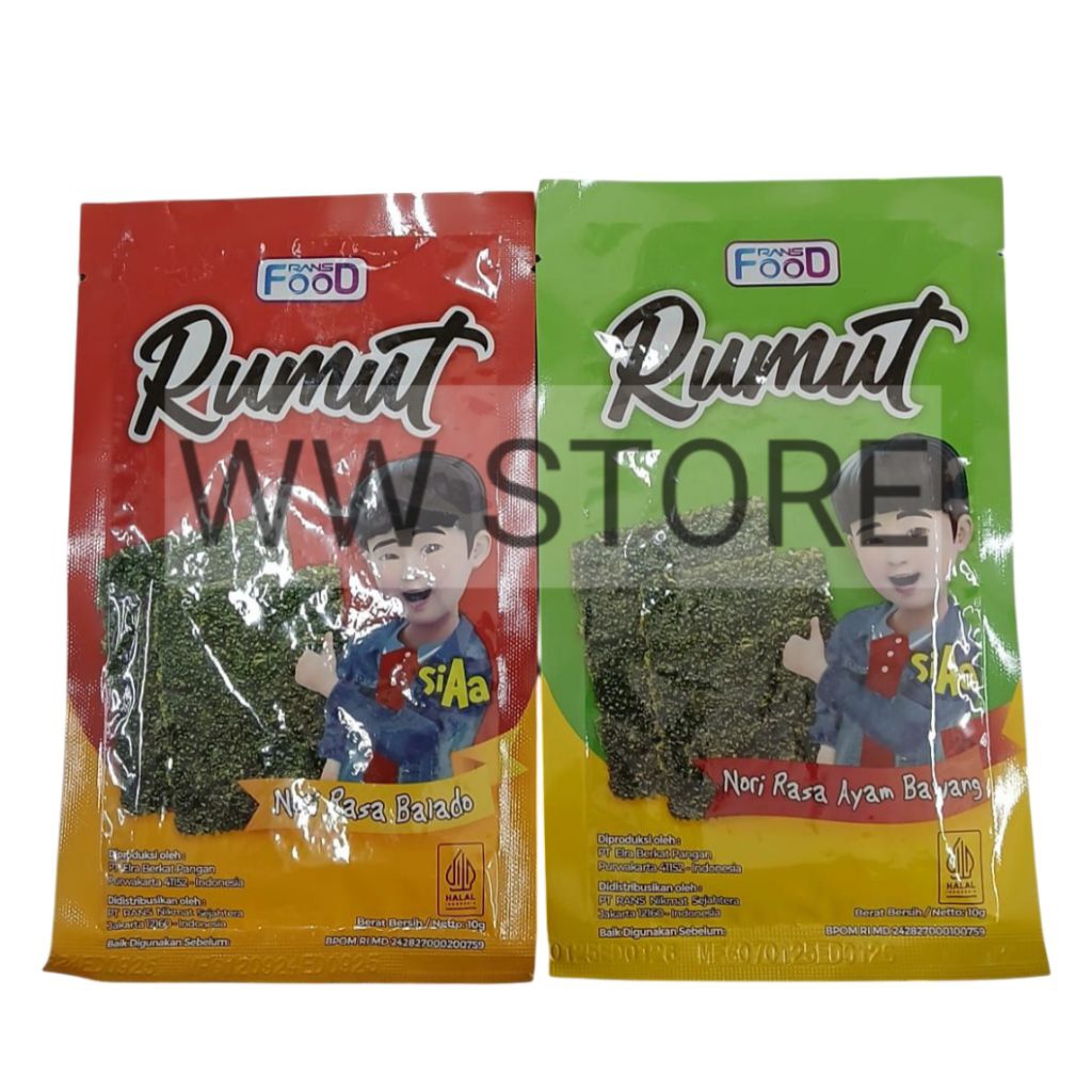 

Cemilan snek makanan ringan rumput laut rasa balado ayam bawang halal MUI RANS FOOD Rumut Roasted Seaweed Snack ( Nori ) Spicy / Garlic Chicken Flavour 10g