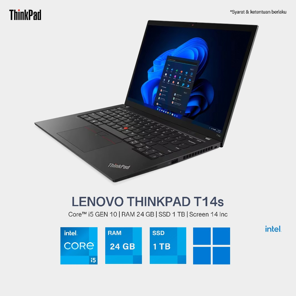 Laptop Lenovo Thinkpad T14s Gen 1 Core i7 Gen 10 Ram 32 GB SSD 1 TB Nvme Layar 14 inch Full HD