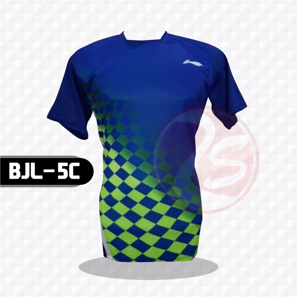 Baju badminton BJL-5C ukuran XL kaos bulutangkis biru corak hijau