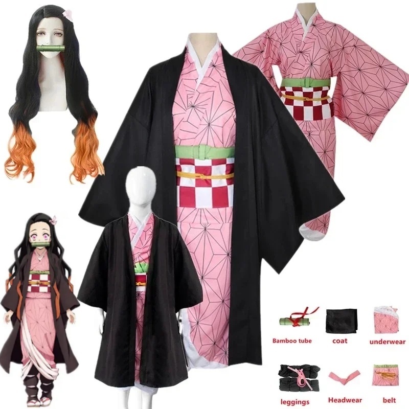 Kamado Nezuko Cosplay Kostum AnimeKimono Kamado Nezuko Wig SeragamHalloween Wanita Anak-anak Pakaian