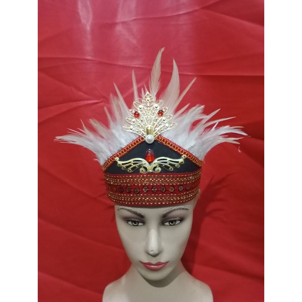 mahkota renda merah bulu putih/mahkota tari/mahkota karnaval