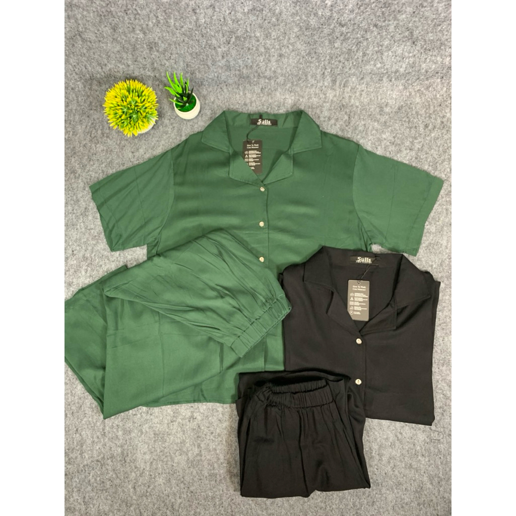 One set rayon crop polos lengan pendek