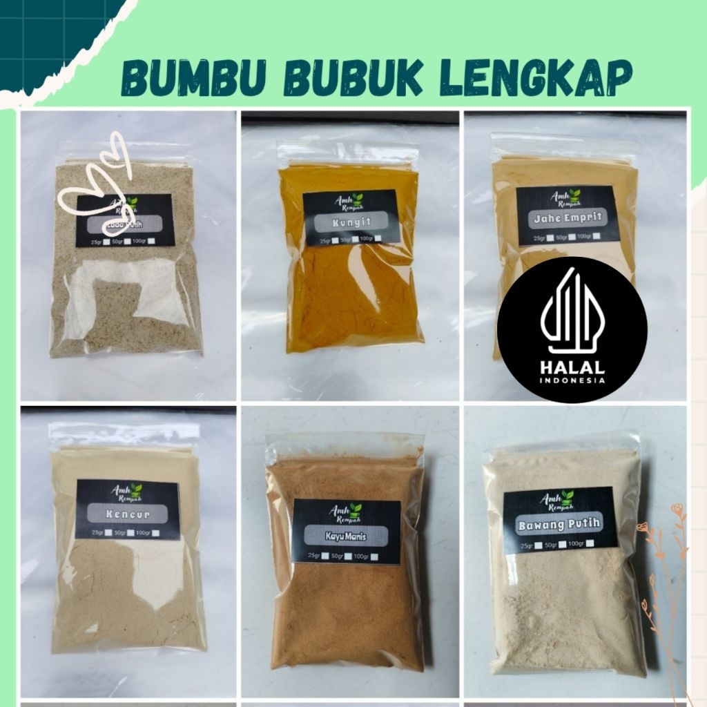 

Bumbu Masak Bubuk Lengkap, Kunyit, Lada, Kencur, Bawang putih, Jahe empeit, Paprika kemasan 50 gram