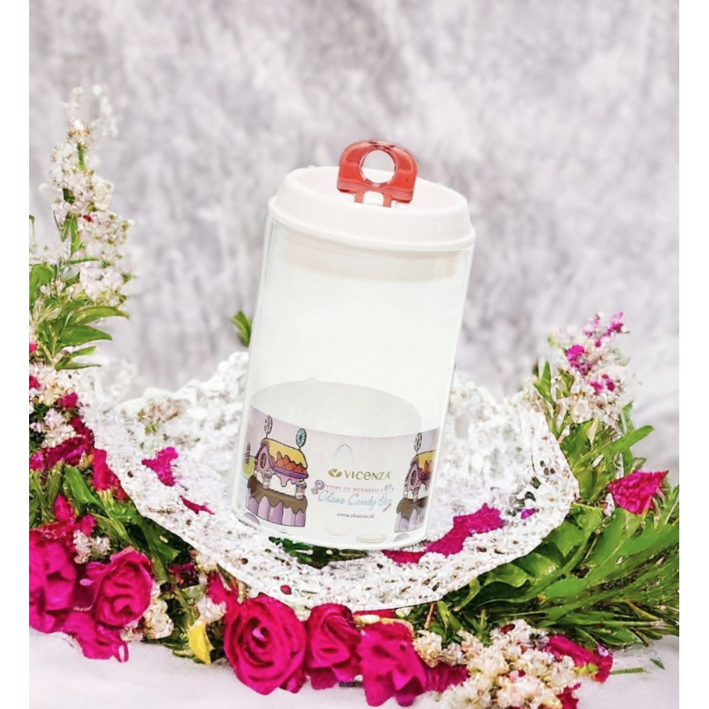 Toples VICENZA, Toples permen kaca GB453 MERAH dilengkapi tutup, tinggi 18,5 cm, kapasitas 1400 ml, 