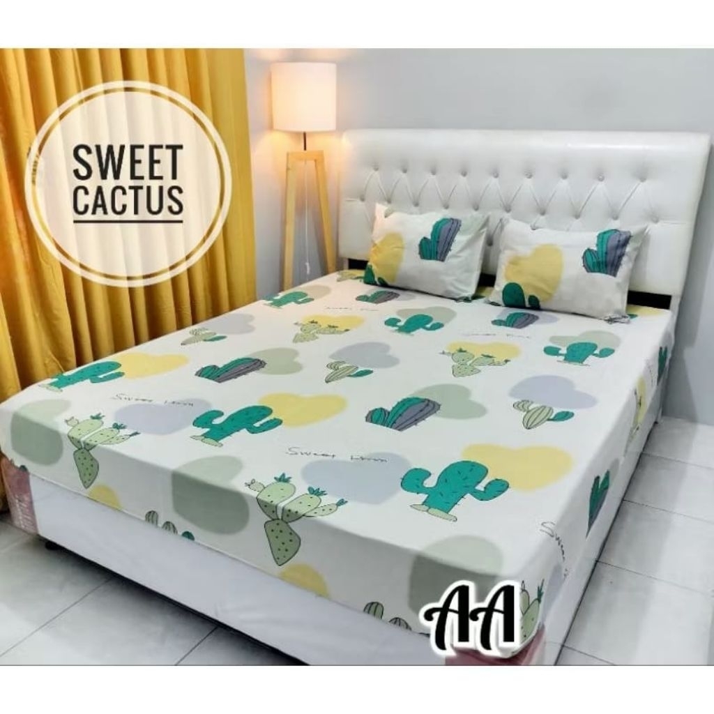 SPREI KARET KATUN PREMIUM 90/100/120/140/160/180/200 motif Kaktus cactus love sweet garden hijau gre