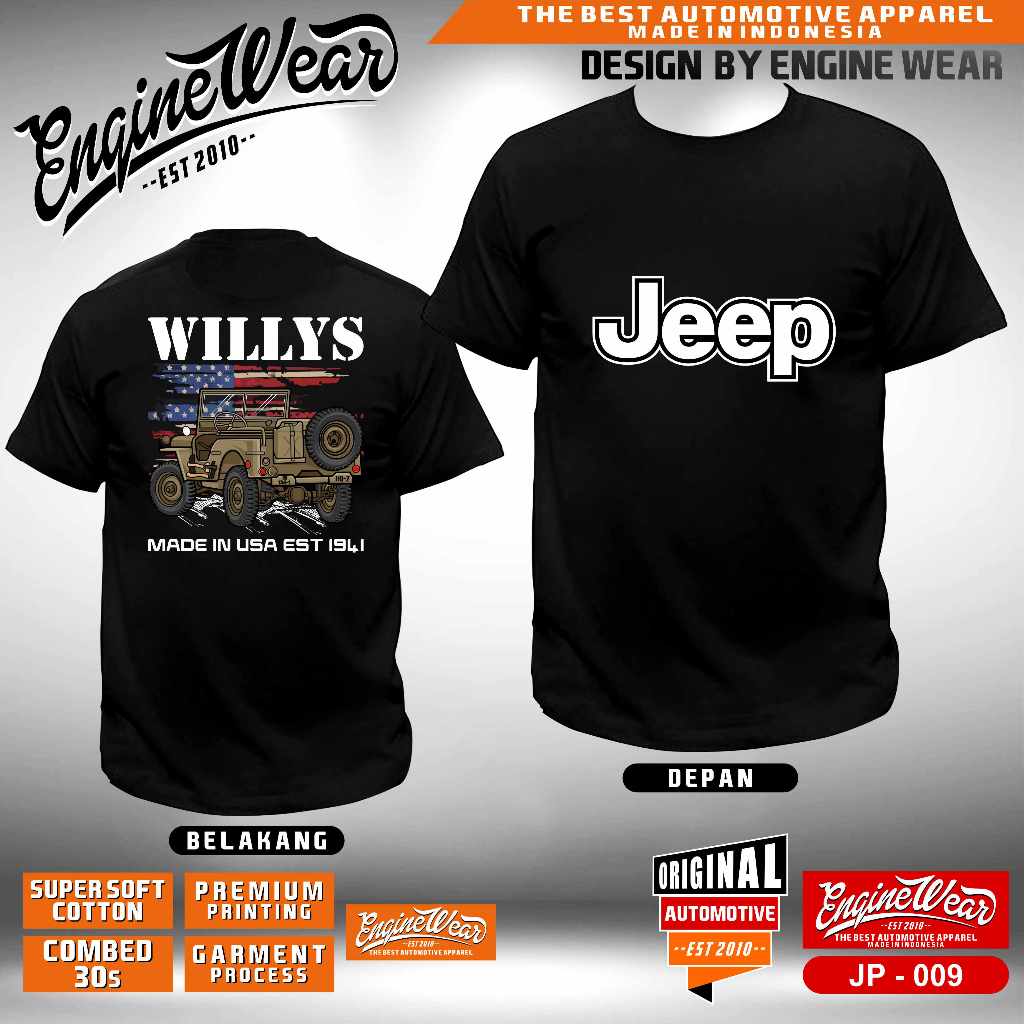 Kaos Jeep willys Tshirt mobil Baju Offroad 4x4 4WD Four wheel drive CJ7 wrangler rubicon otomotif bc