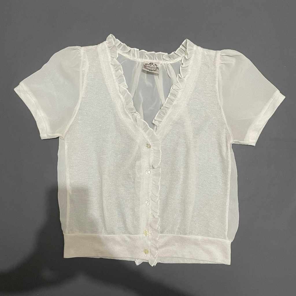 DEWASA A143 (MINEOLA ORI, PRELOVED) Baju Blouse Atasan Top Kancing Depan Tangan Lengan Pendek V Neck