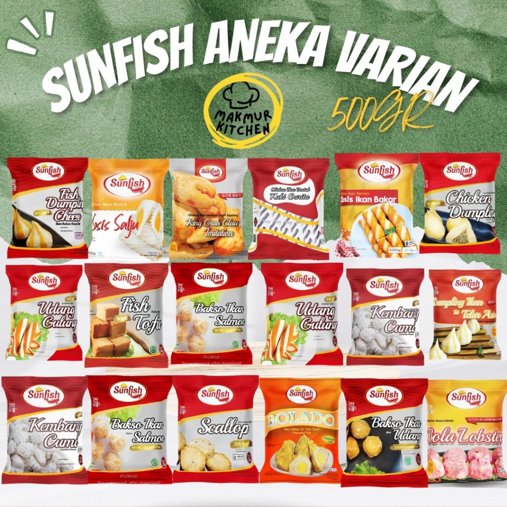 

Sunfish Aneka Variasi Udang Ikan Bakar Sosis Bakso King Crab Claw Cumi Dumpling Keju Ayam Cheese Lobster Tahu Ikan Bolado Telur Puyuh 500gr