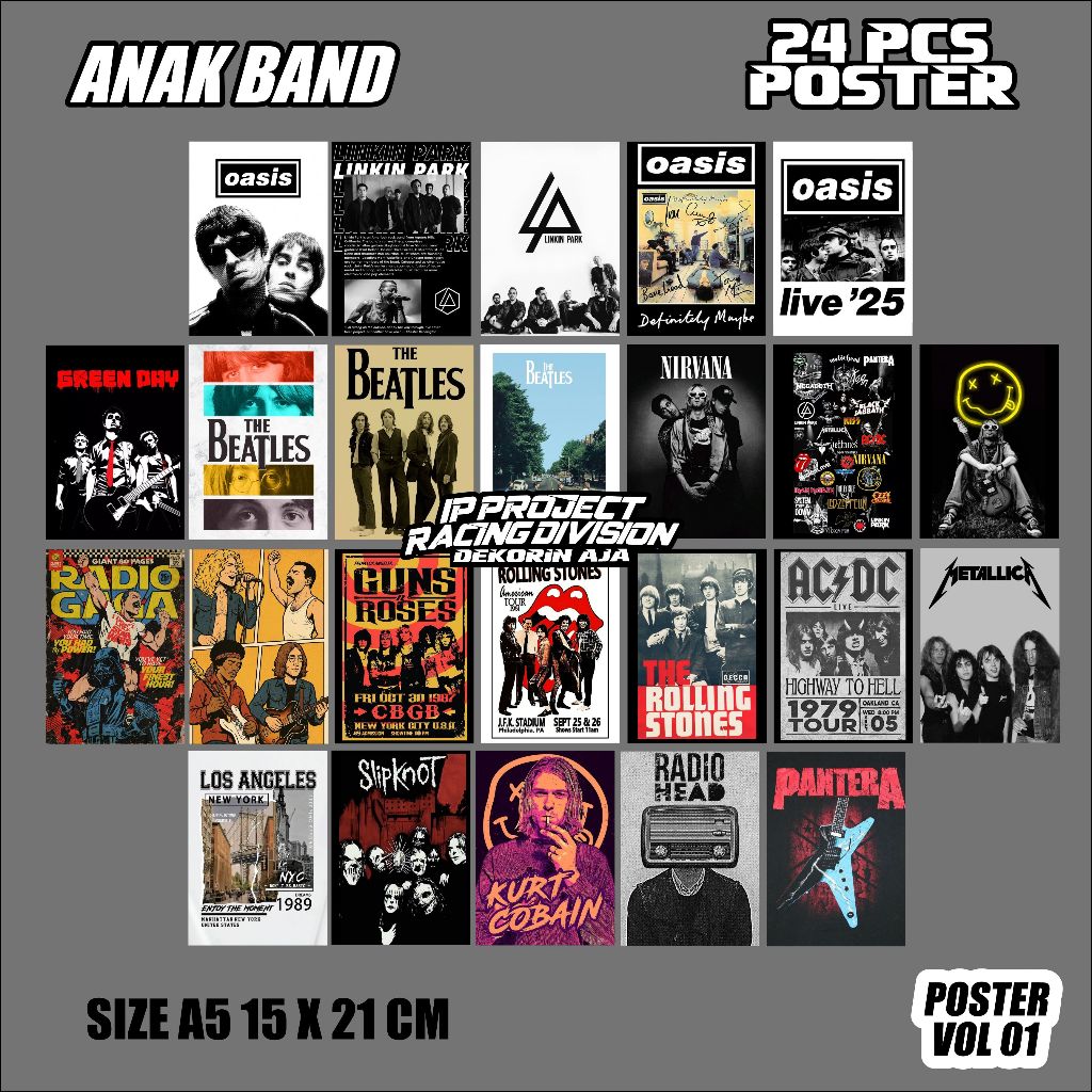 POSTER DINDING ANAK BAND 24 PCS  21x15cm VINTAGE BAND OASIS THE BITLES NIRWANA. AESTHETIC VOL 1