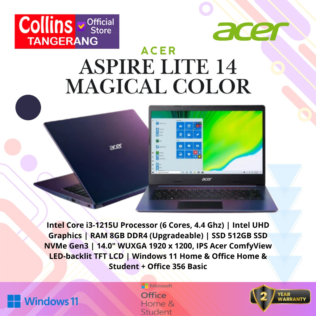 Acer Aspire Lite 14 Magical Color Intel Core i3 1215 RAM 8GB SSD 512GB WUXGA IPS 14" WIN+OHS