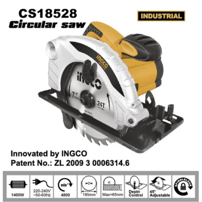 INGCO Mesin Potong Kayu Circular Saw 7 1/4" CS18528 1400W dengan pisau 18mm & Bristle extra kualitas