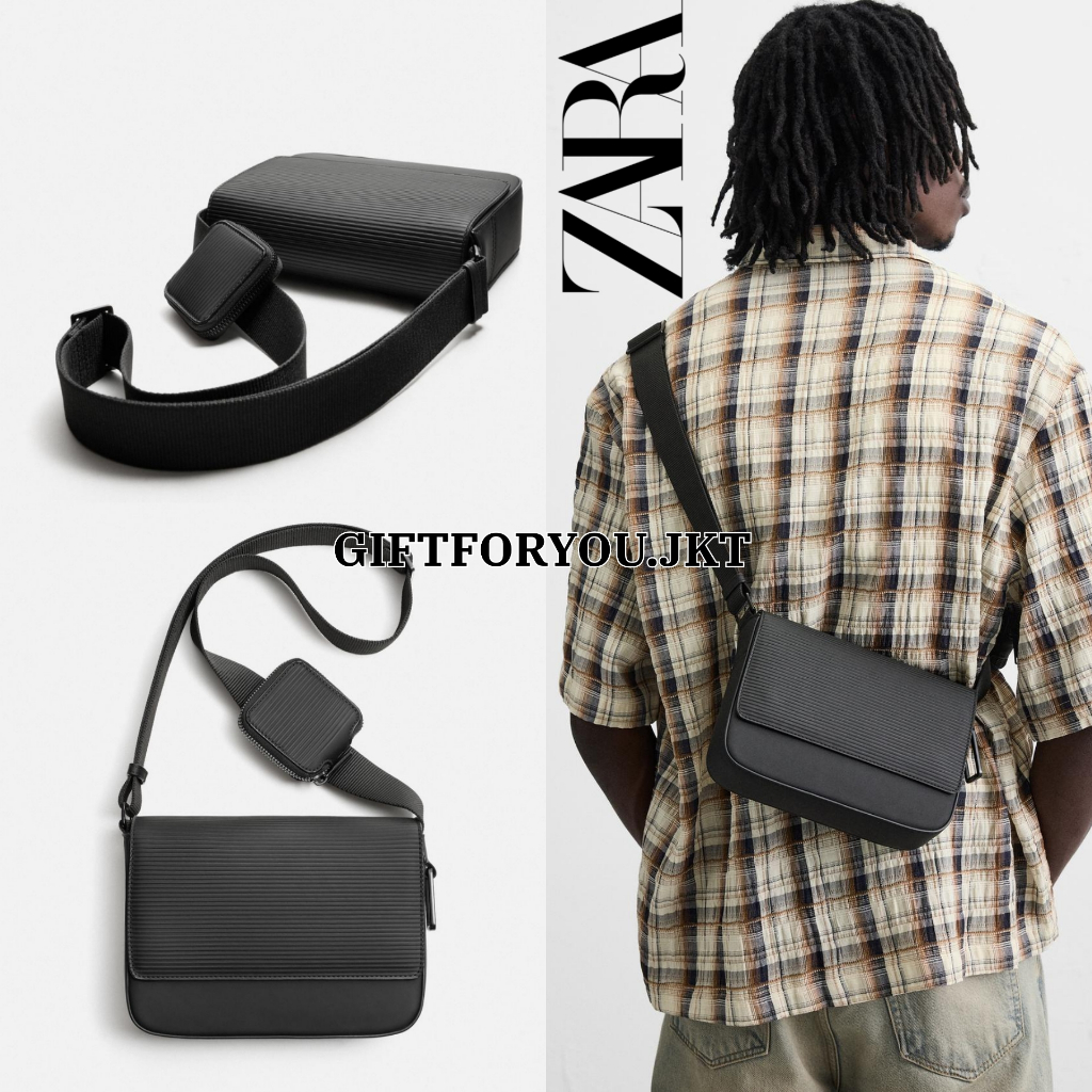 Tas Pria Zara Rubberised Textured Crossbody Bag With Coin Purse Black Hitam Original Cowok Pria Man 