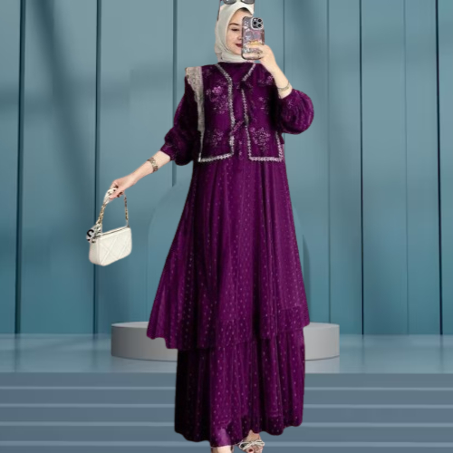 Gamis Wanita 2025 Terbaru Meisha Dress Brukat Full Furing Rompi Terpisah Gamis Dewasa Lengan Panjang