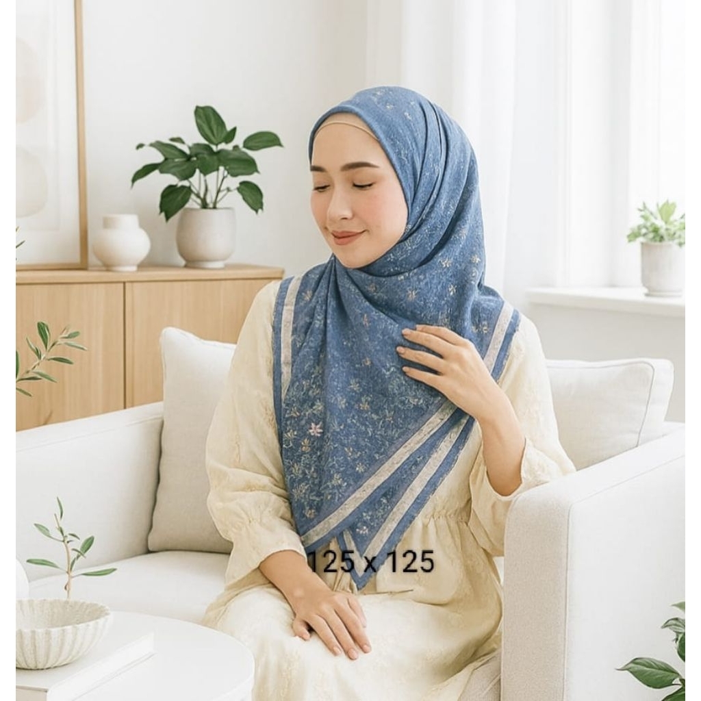 Pikanaa Biru Kerudung Segi Empat Motif Hijab Wanita Muslim Syari Premium Jilbab Scarf Sublim