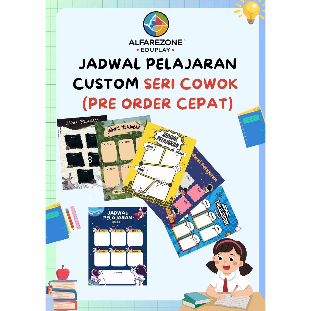 

ALFAREZONE EDUPLAY - JADWAL PELAJARAN CUSTOM SERI ANAK LAKI-LAKI | 15 Jenis Variasi | Pre Order Cepat | Custom Nama Anak | Isi Jadwal Pelajaran silahkan dikirim di fasilitas pesan